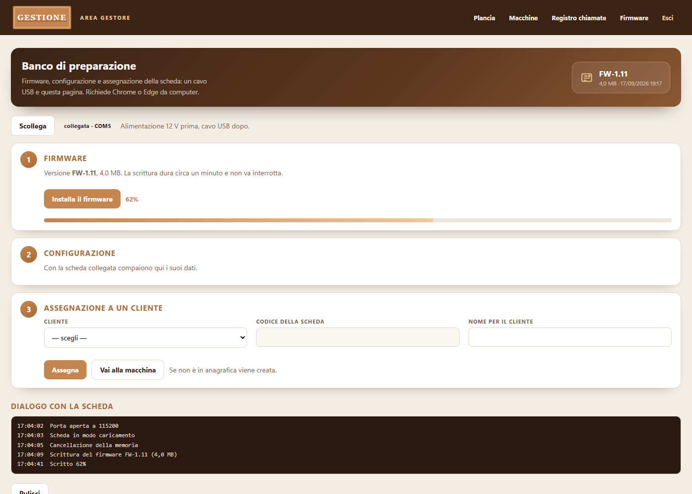 Schermata: il banco di preparazione, installazione del firmware dal browser