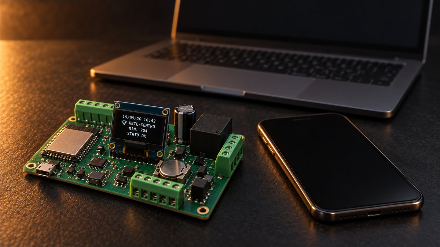 Scheda col display, telefono con l'applicazione e portatile con l'area di gestione