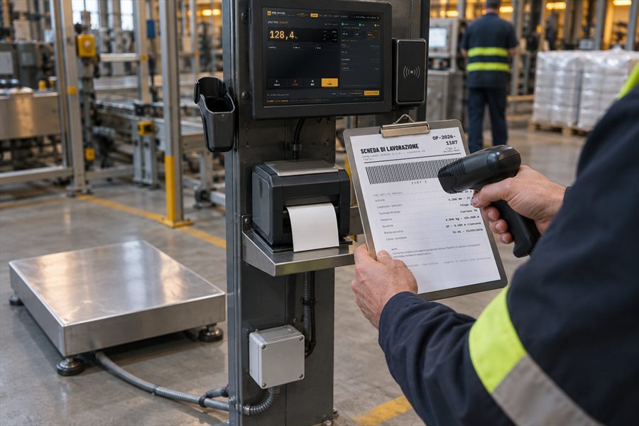 L'operatore spara il codice a barre della scheda di lavorazione. La commessa arriva dal gestionale: cliente, articolo, larghezza, spessore, mandrino, metri, numero di bobine e note.